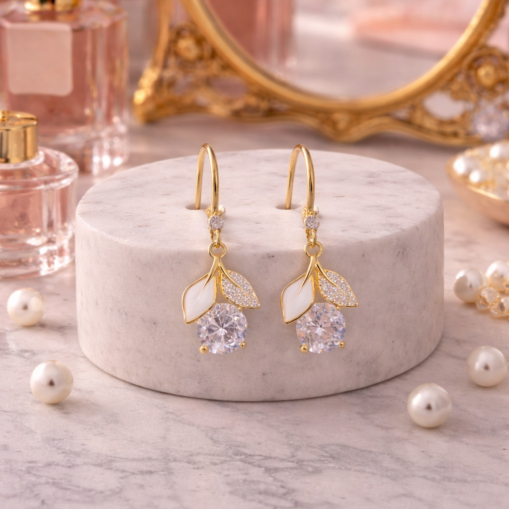 Drop Leaf & Diamond Earrings