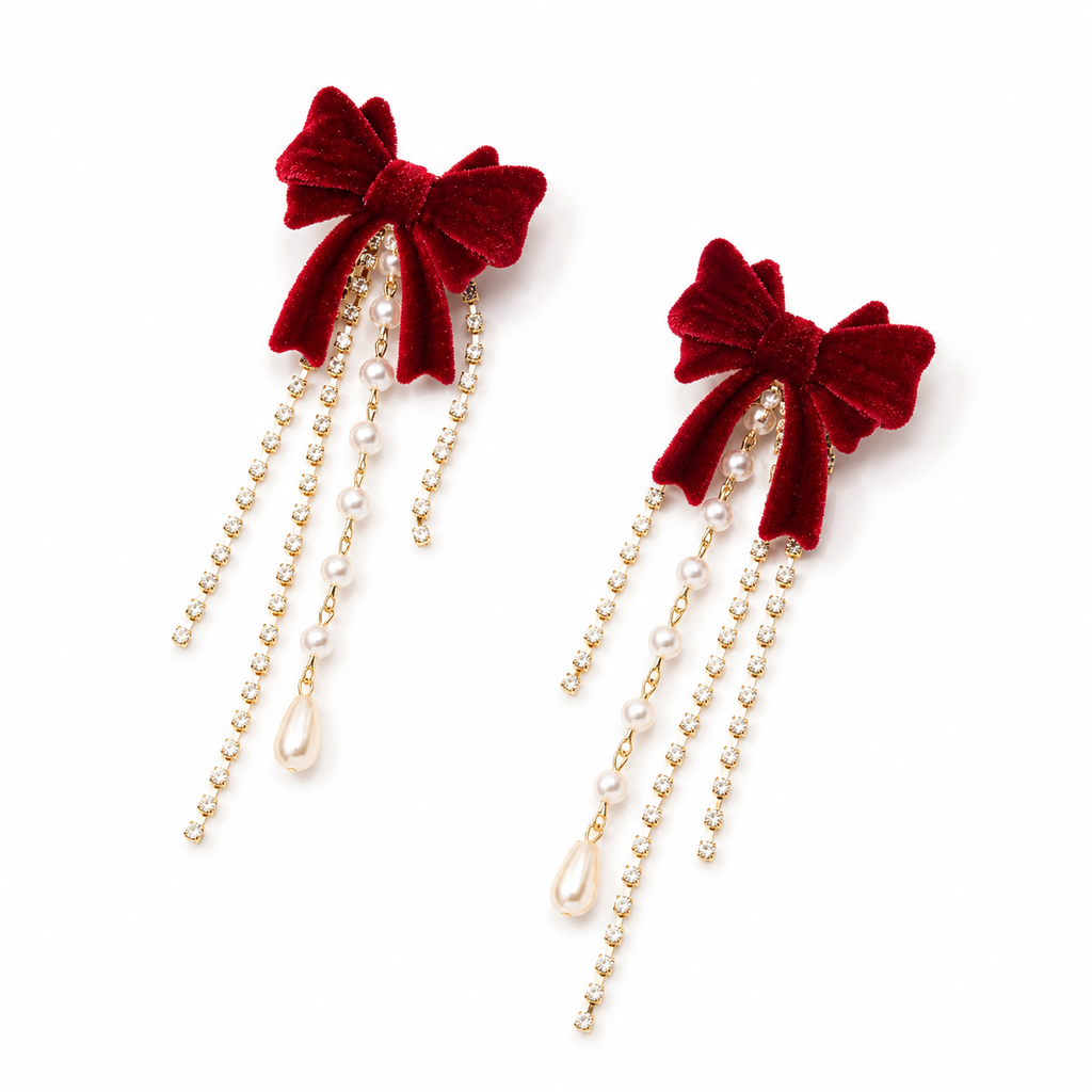 Velvet Bowknot Rhinestone-Pearl Earrings