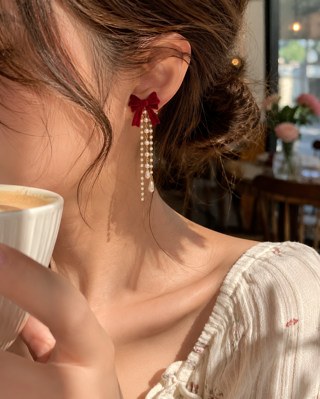 Velvet Bowknot Rhinestone-Pearl Earrings